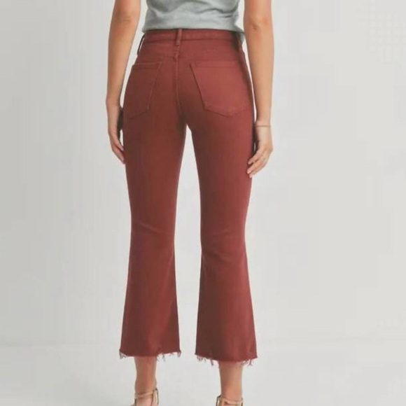 JBD High Rise Crop Flare with Distressed Hem in Ruby - Picture 2 of 6